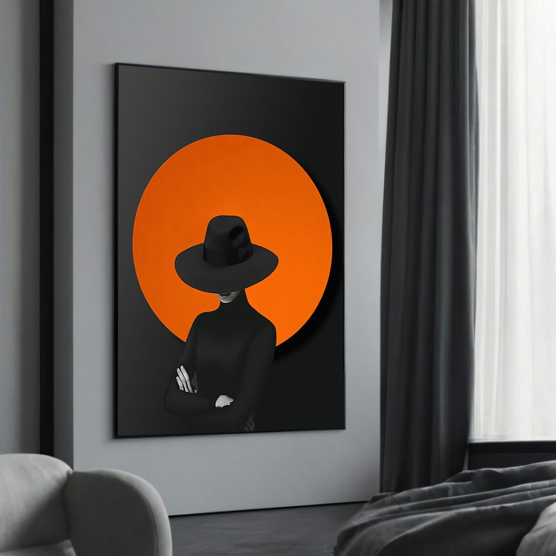 Bold Woman in Black Hat Art Print with Orange Circle Minimalist Style