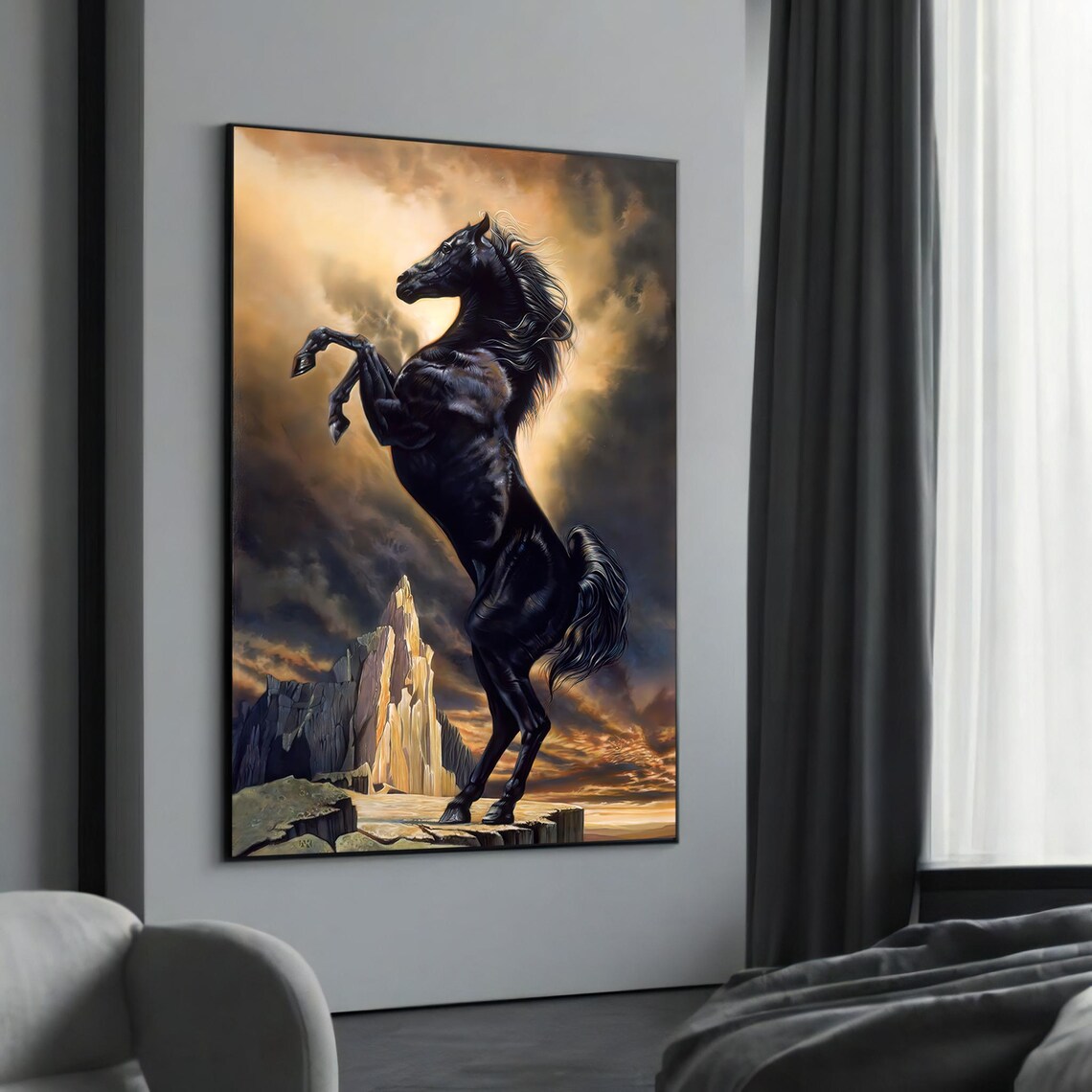 Black Stallion Rearing Storm Clouds Fantasy Horse Art Poster
