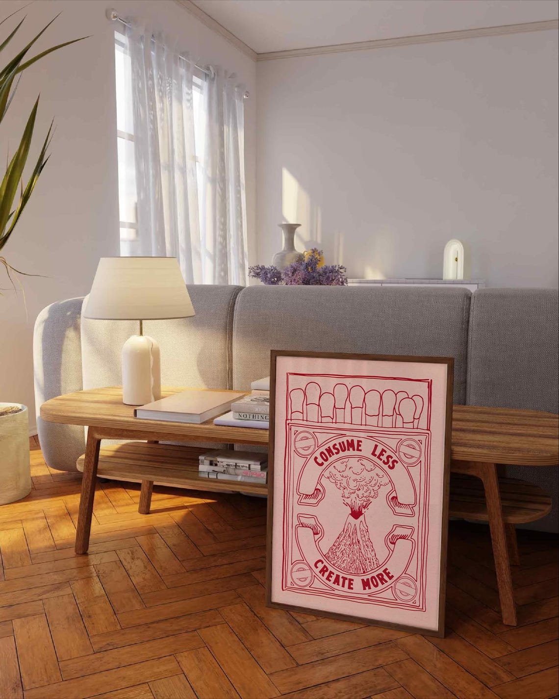 Consume Less Create More Retro Matchbox Volcano Red Line Art Print