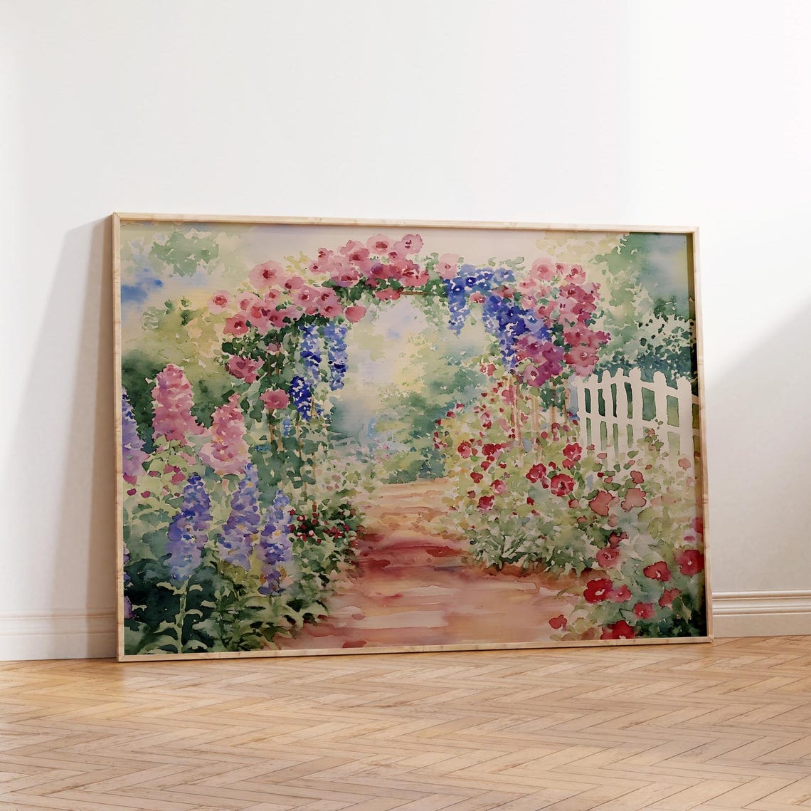 Watercolor Flower Garden Path with White Picket Fence Art Print