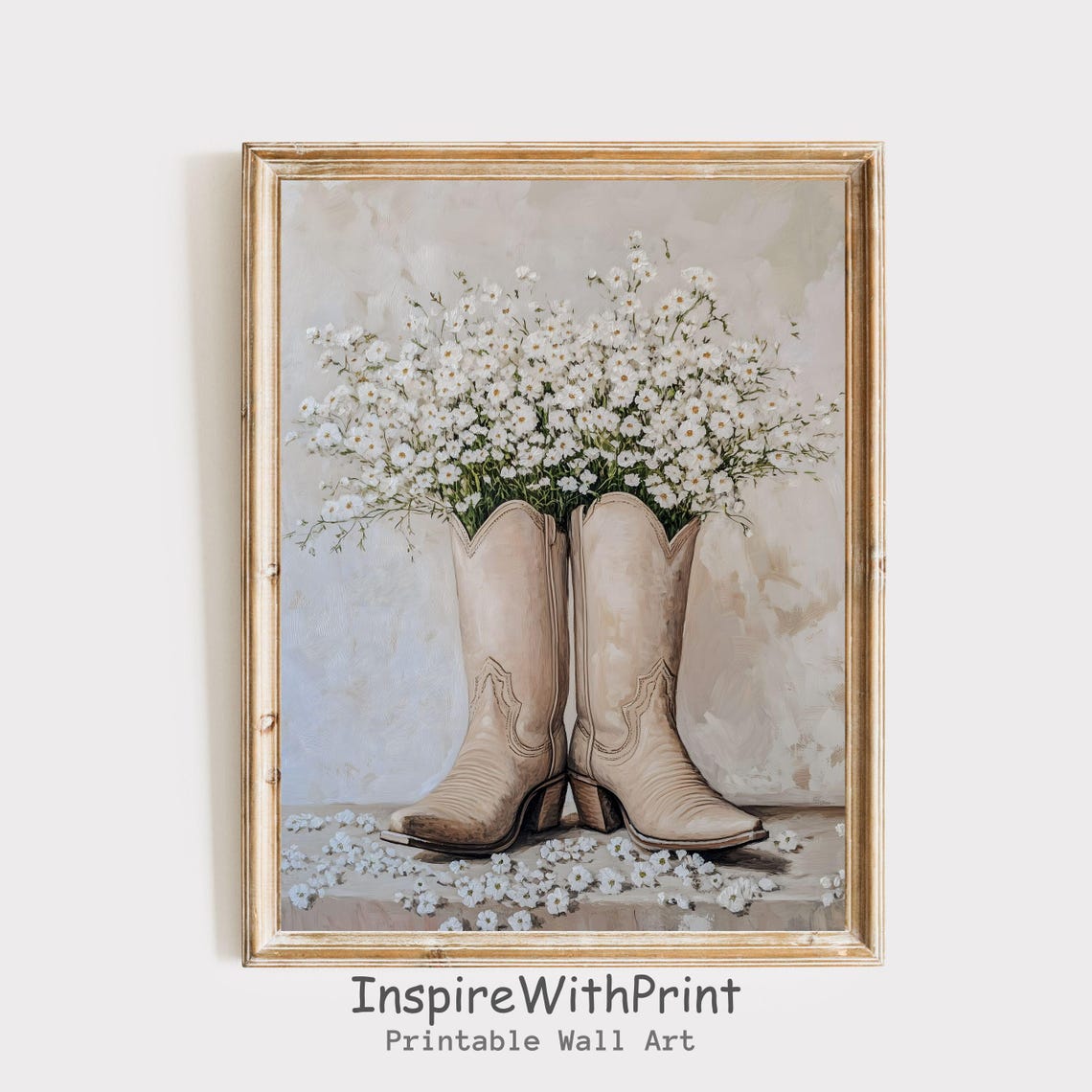 Coastal Cowgirl Boots Overflowing With White Wildflowers Print