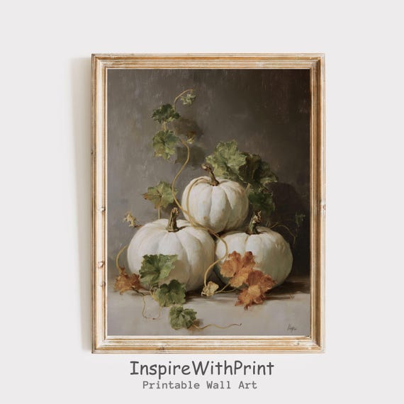 Vintage Pumpkin Painting Neutral Fall Wall Art Cottage Print Farmhouse Moody Autumn Rustic Decor