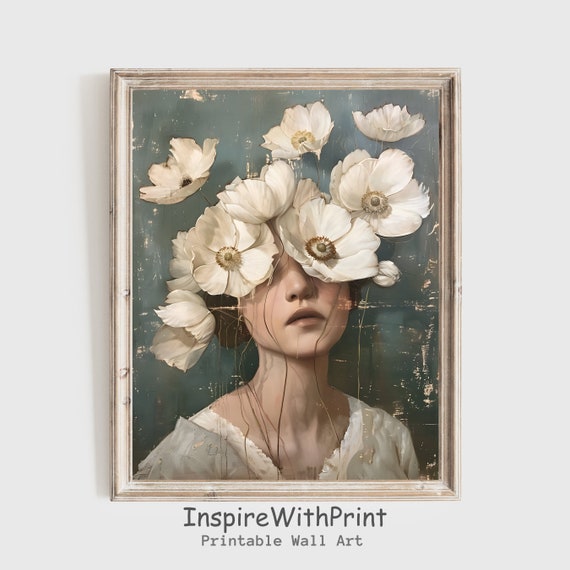 Woman With Flower Painting Moody Portrait Wall Art Feminist Neutral White Flowers Print
