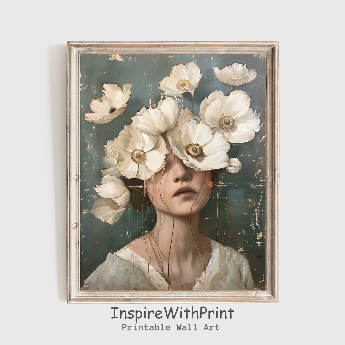 White Flowers Portrait Moody Feminine Botanical Painting Poster