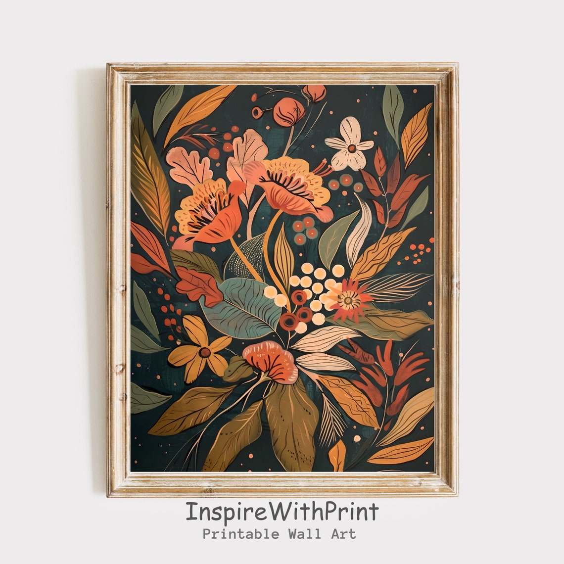Dark Ground Floral Bouquet Midcentury Boho Botanical Art Print
