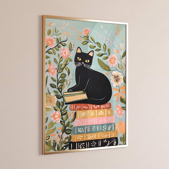 Black Cat Sitting on Book Stack Floral Whimsical Illustration Poster