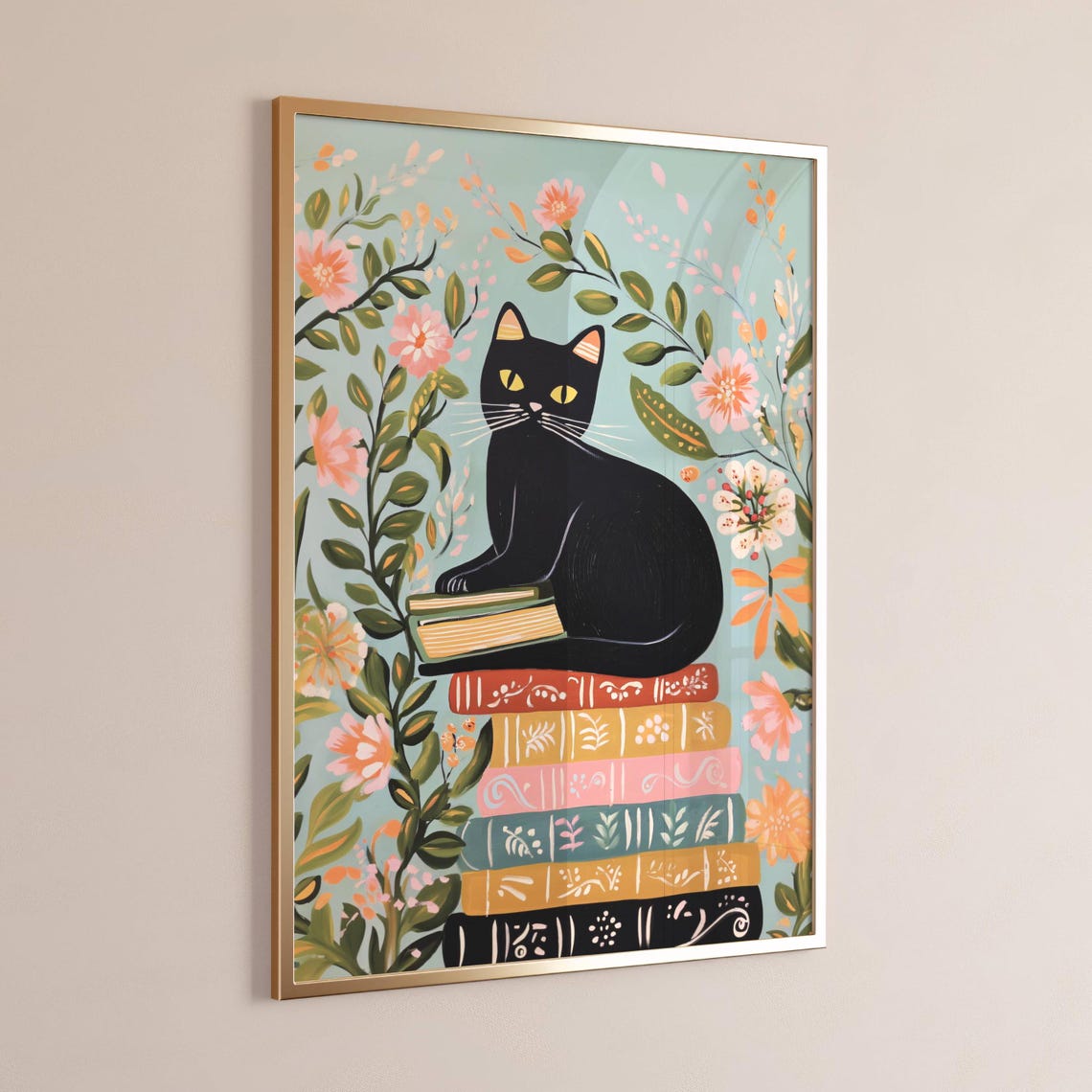 Black Cat Sitting on Book Stack Floral Whimsical Illustration Poster