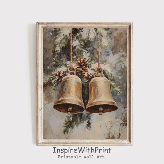 Vintage Christmas Bells Pinecones Snowy Holiday Painting Poster