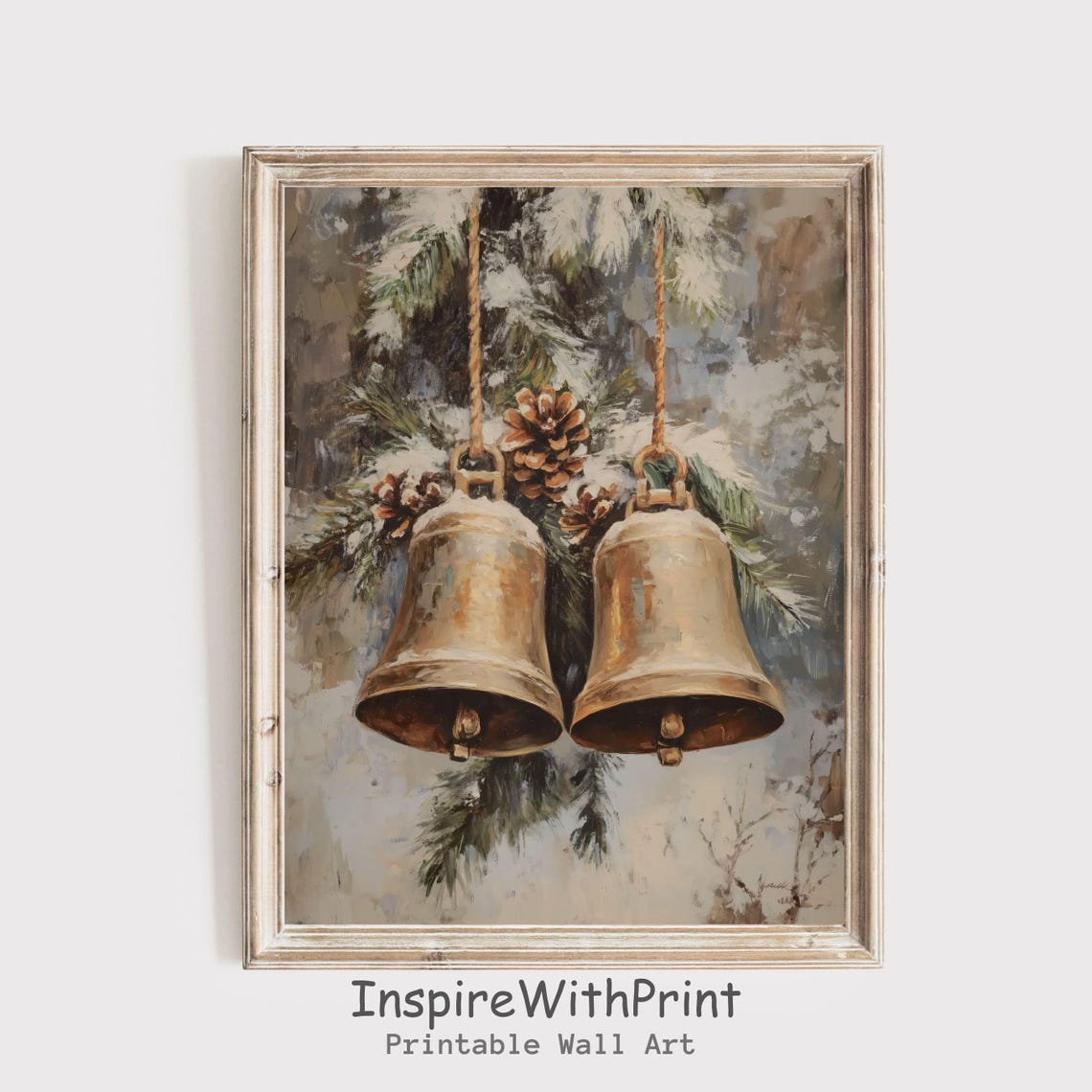 Vintage Christmas Bells Pinecones Snowy Holiday Painting Poster