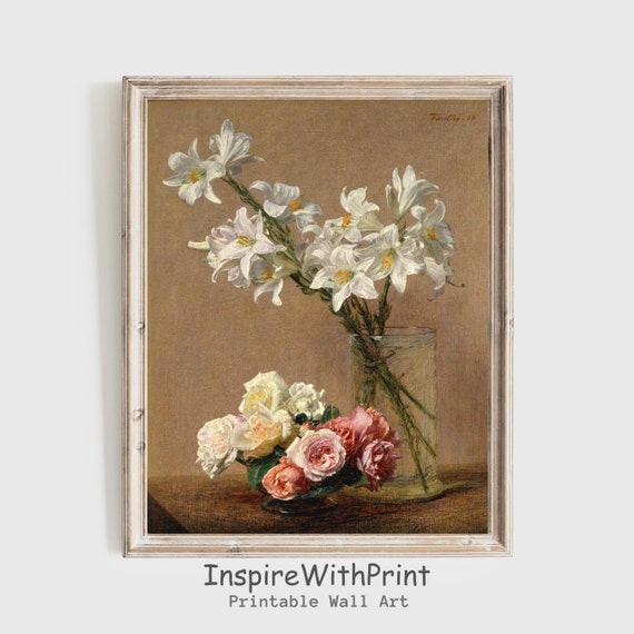 Vintage Lily And Rose Flower Painting Still Life Wall Art Moody Spring Print Antique Floral Artful