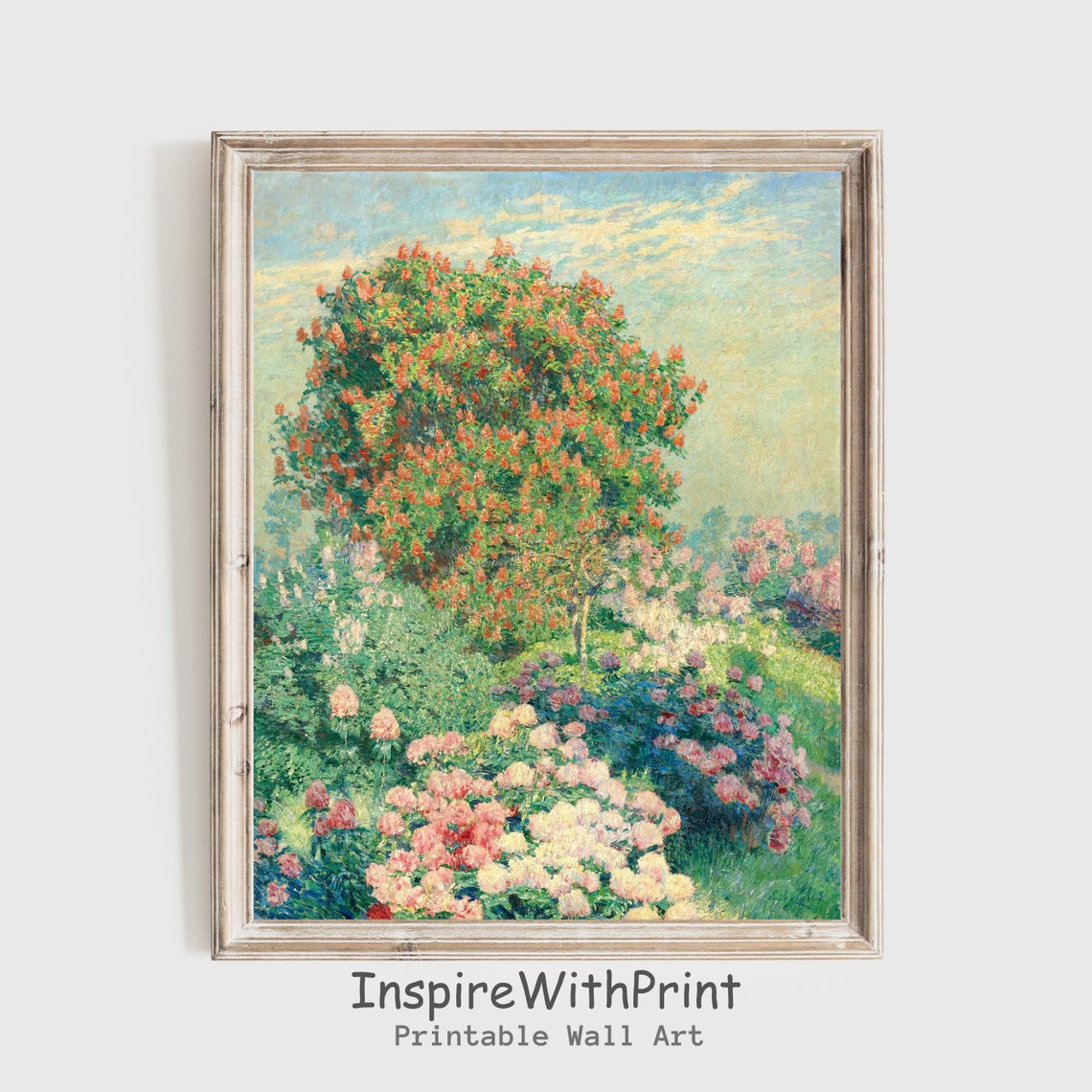 Spring Garden Impressionist Painting Print With Flowering Tree