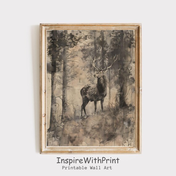 Majestic Stag in Misty Forest Sepia Watercolor Wildlife Art Poster