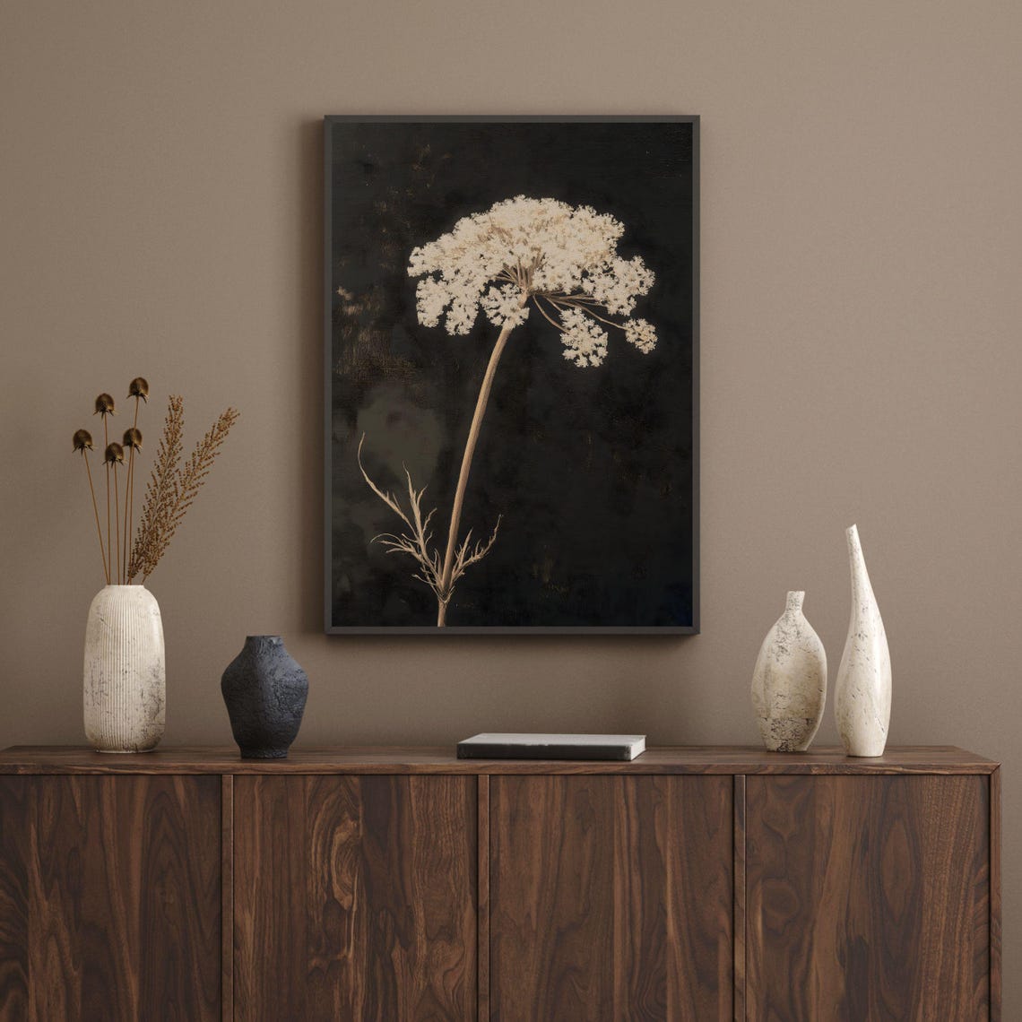 Dried White Wildflower Single Stem on Dark Moody Vintage Art Poster