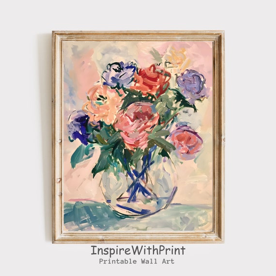 Abstract Flower Vase Painting Pastel Flowers Wall Art Matisse Inspired Artful Floral Still Life Print