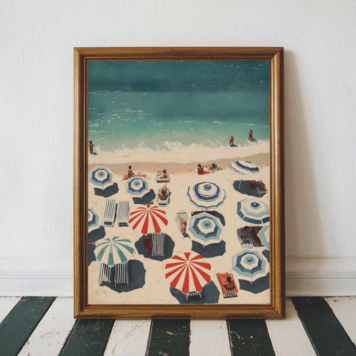 Vintage Aerial Beach Scene With Striped Umbrellas Art Poster
