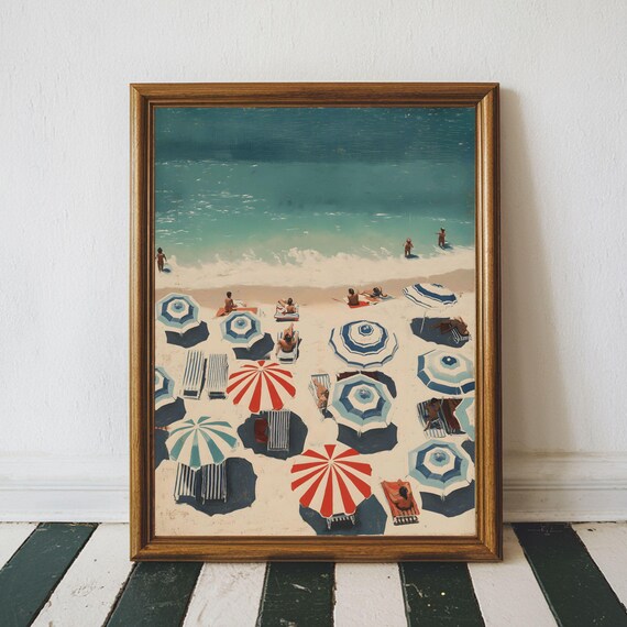 Vintage Aerial Beach Scene With Striped Umbrellas Art Poster