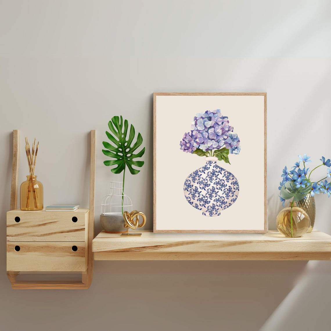 Blue Hydrangea Bouquet in Chinoiserie Vase Watercolor Wall Art