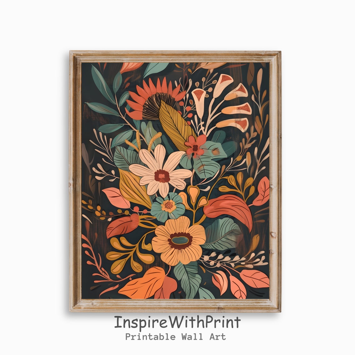 Midcentury Botanical Flower Bouquet on Dark Background Fall Poster