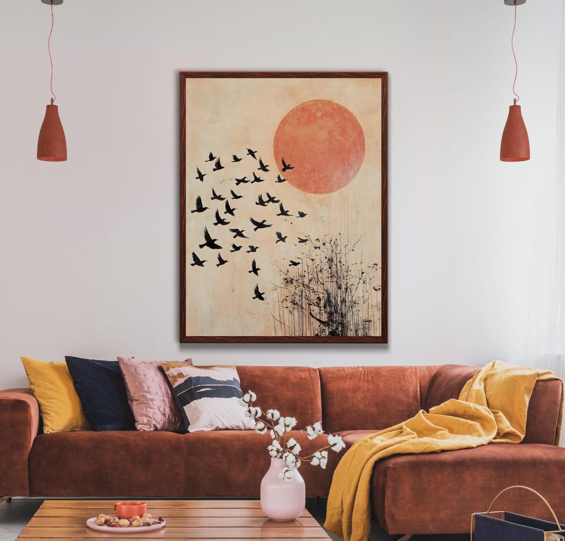 Flock of Birds Red Sun Abstract Boho Migration Bird Art Poster