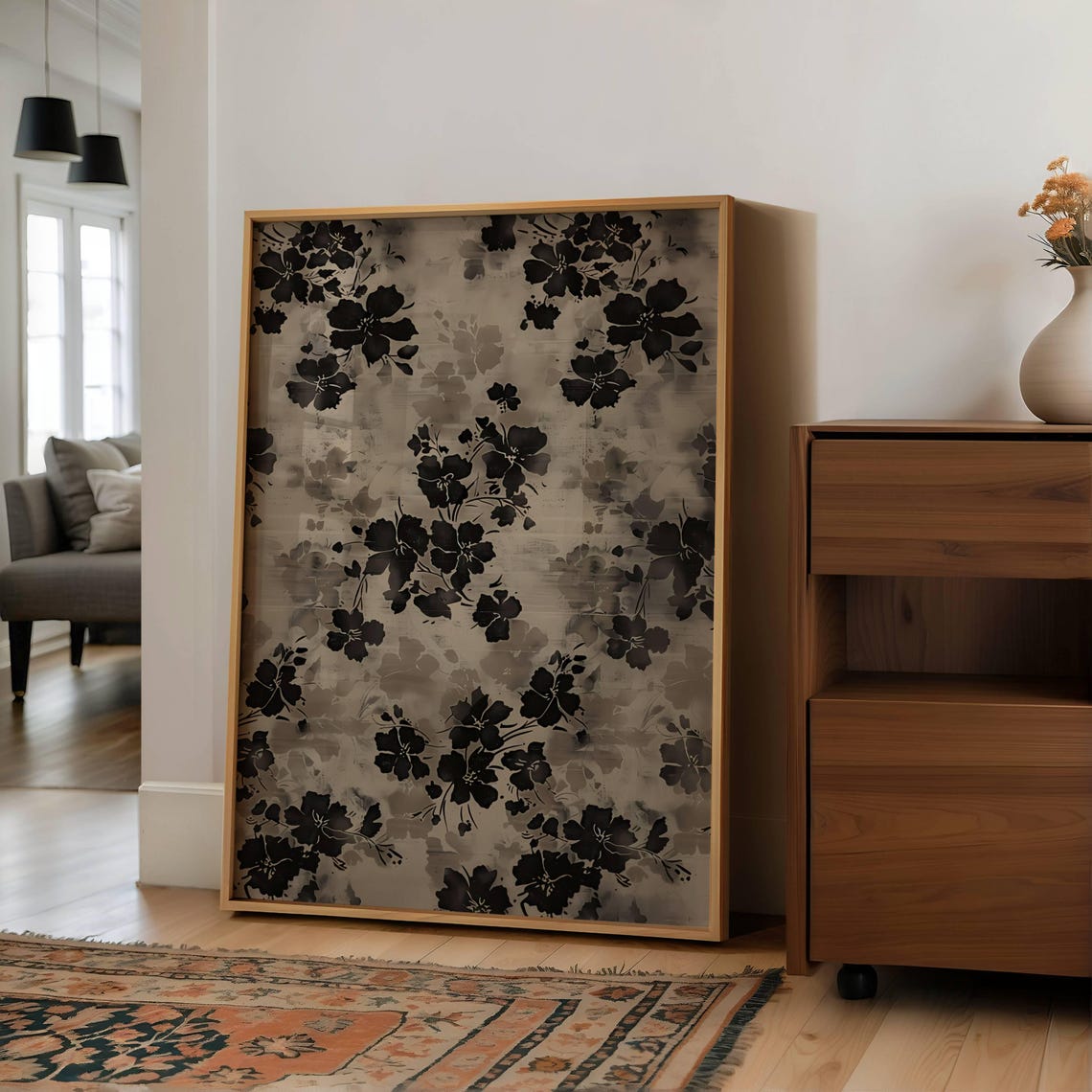 Neutral Black Floral Pattern Textile Vintage Botanical Art Poster