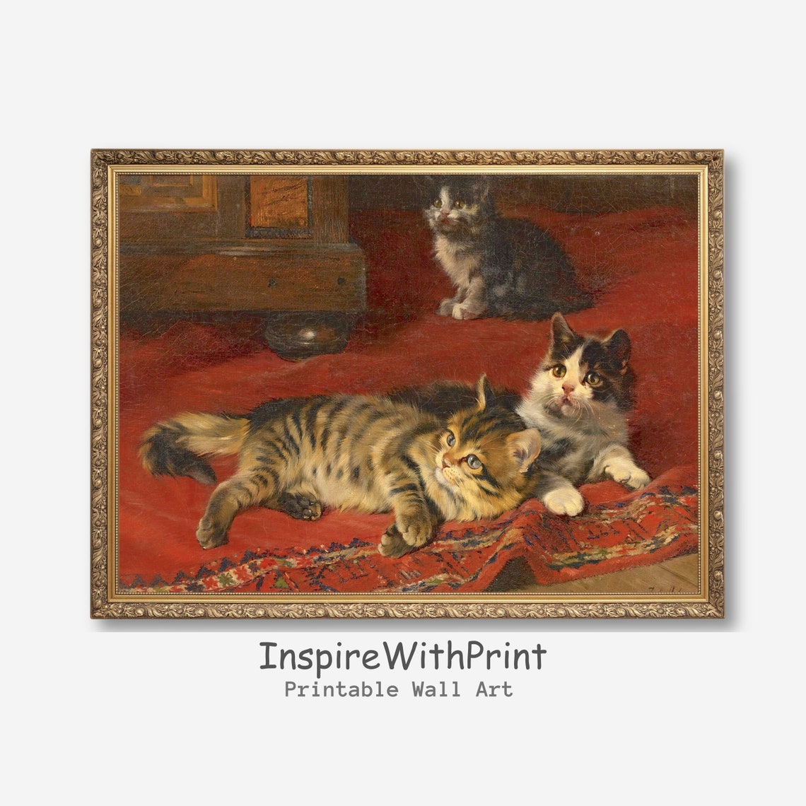 Three Playful Kittens On A Rich Red Rug Vintage Painting Poster