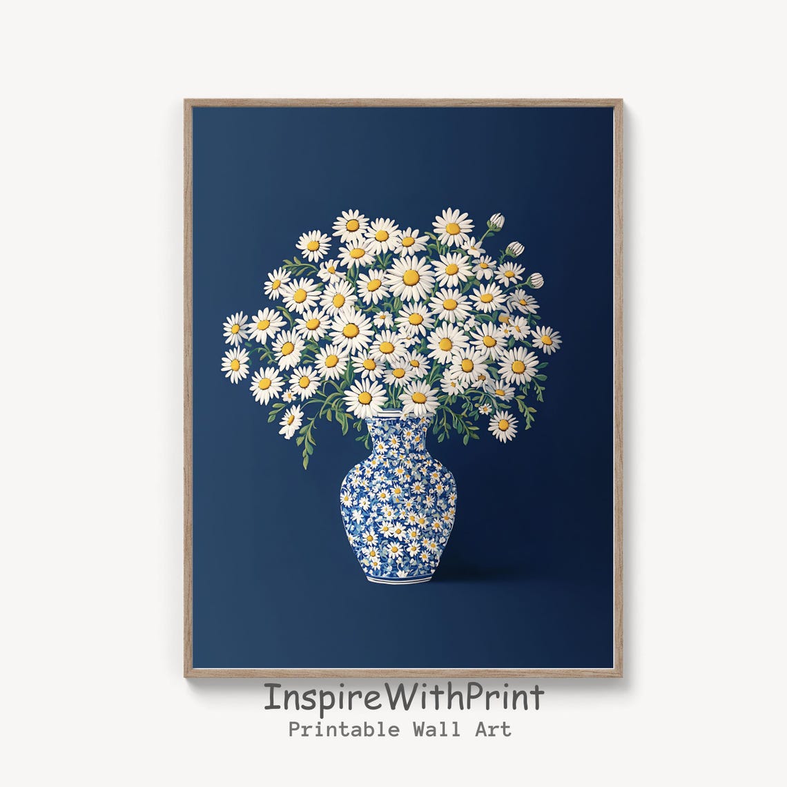 White Daisy Bouquet in Blue Chinoiserie Vase Floral Art Poster