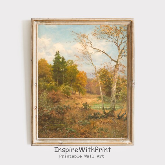 Vintage Autumn Woodland Deer Oil Painting Poster Birch Trees Meadow