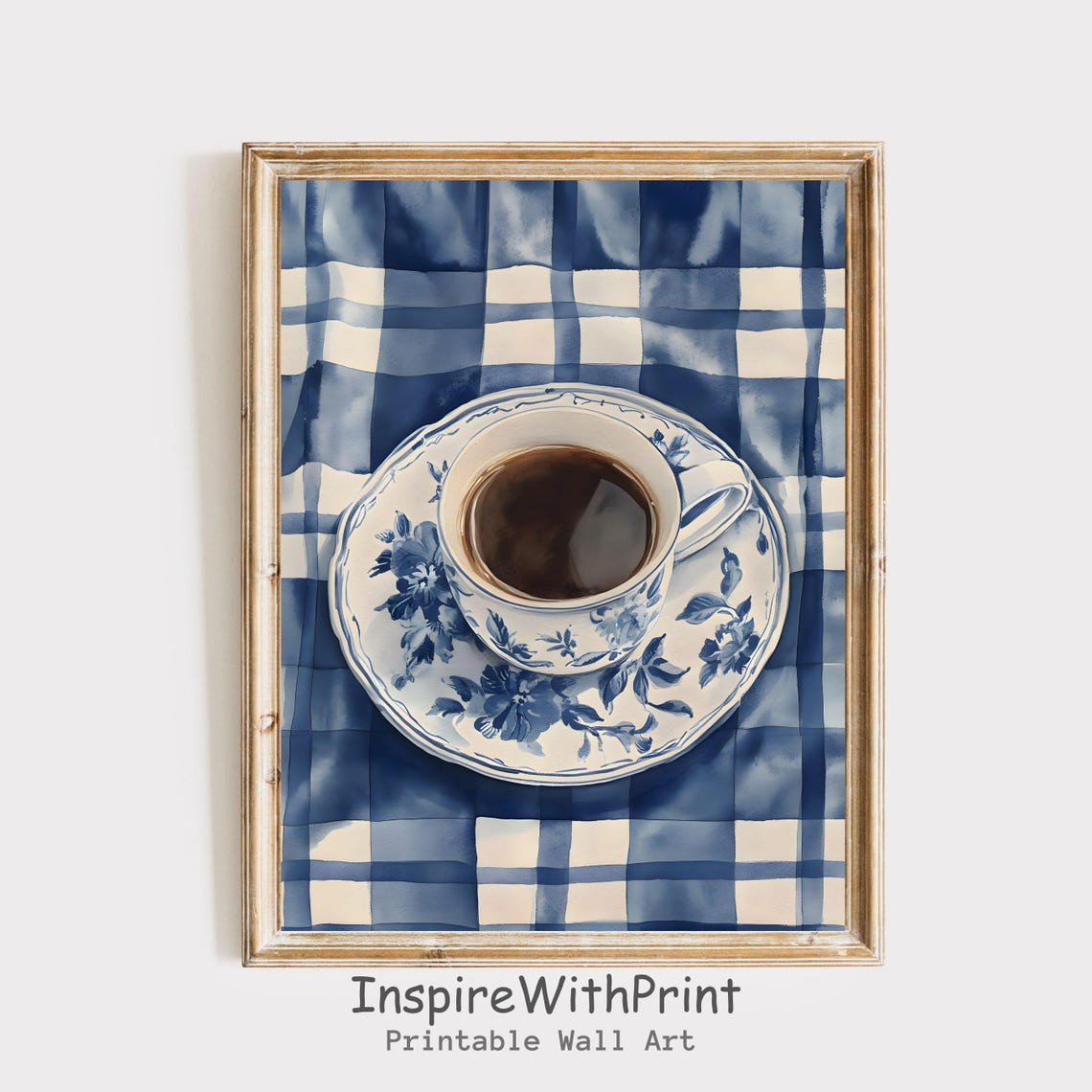 Vintage Blue Floral Coffee Cup on Blue Gingham Kitchen Poster