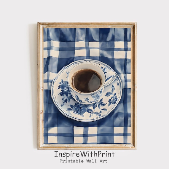 Vintage Blue Floral Coffee Cup on Blue Gingham Kitchen Poster