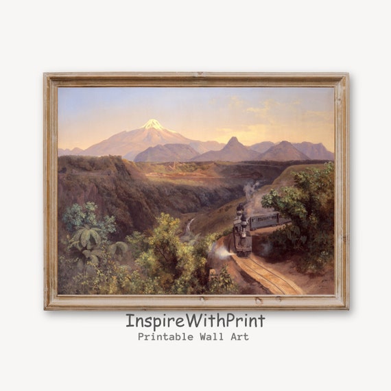 Vintage Train On The Mountain Landscape Print Rustic Painting Wall Art Old Poster