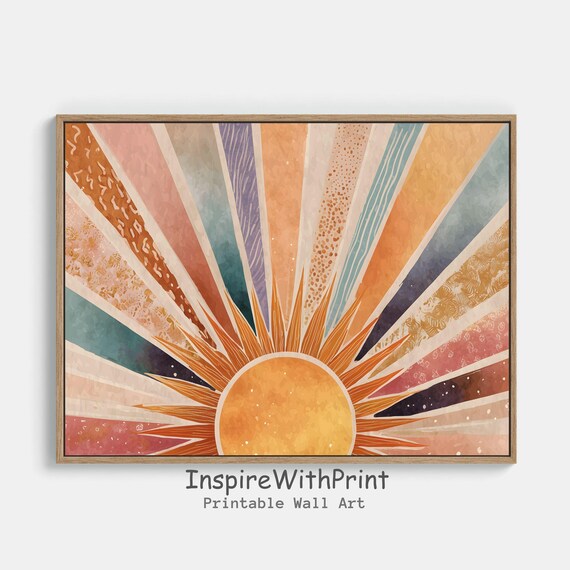 Boho Watercolor Sunrise With Pastel Sunburst Rays Art Poster