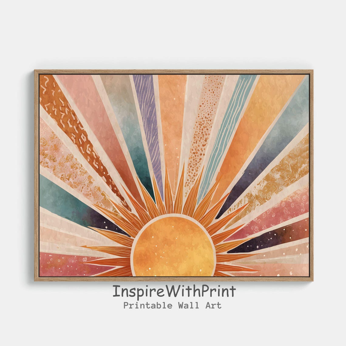 Boho Watercolor Sunrise With Pastel Sunburst Rays Art Poster