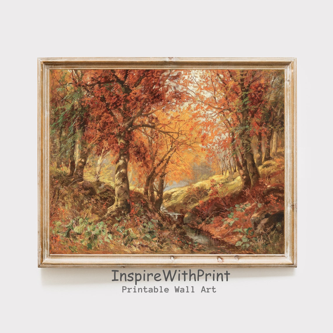 Vintage Autumn Forest Stream Crimson Fall Foliage Oil Painting Print