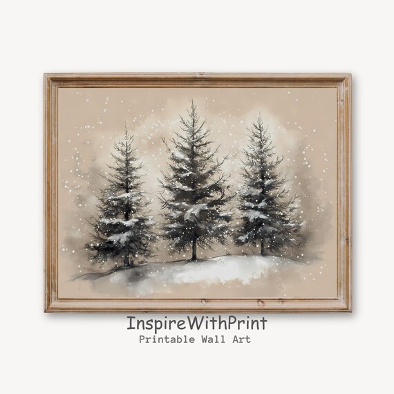 Three Snow-Covered Pines in Warm Beige Watercolor Winter Poster