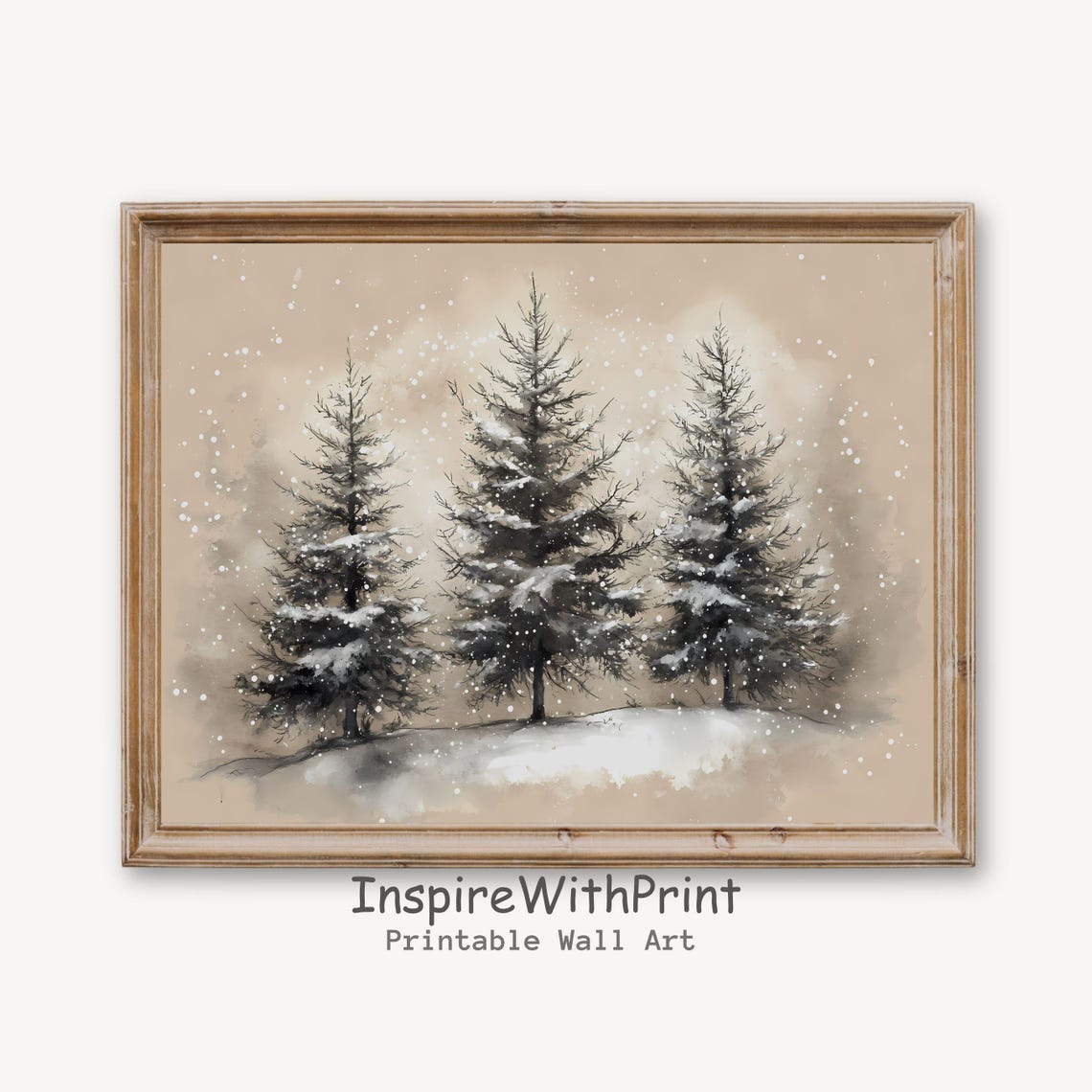 Three Snow-Covered Pines in Warm Beige Watercolor Winter Poster