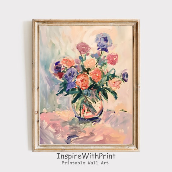 Abstract Flower Vase Painting Pastel Flowers Wall Art Matisse Inspired Artful Floral Still Life Print