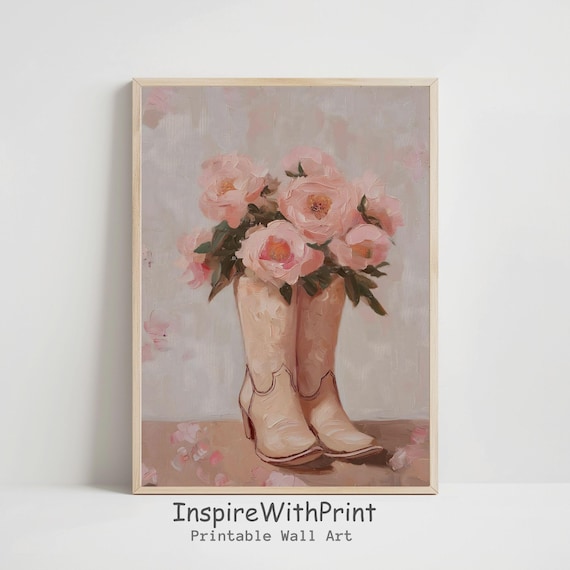 Cream Cowgirl Boots With Pink Peonies Western Nursery Wall Poster