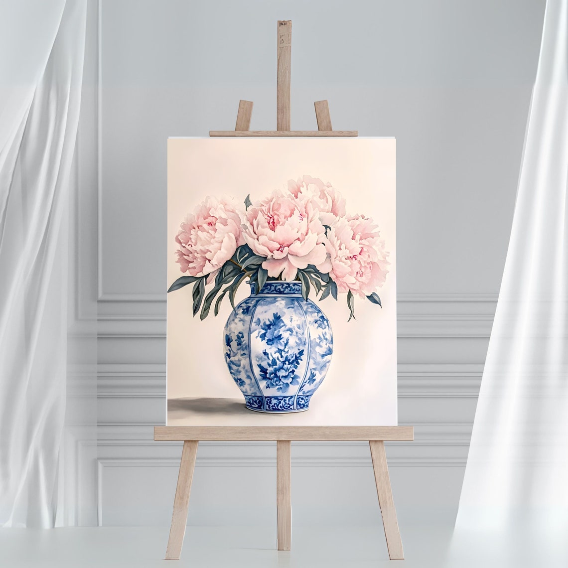 Pink Peonies Bouquet In Blue And White Chinoiserie Vase Poster