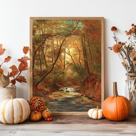 Rustic Fall Forest Landscape Painting Print Vintage Trees Farmhouse Wall Art Decor