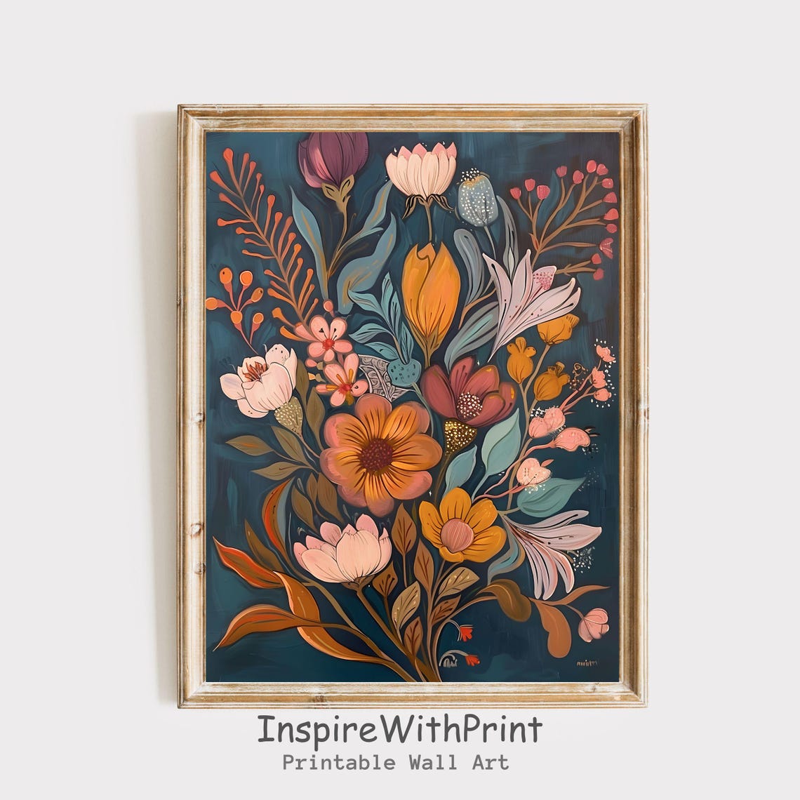 Moody Boho Flower Bouquet Dark Background Botanical Art Poster