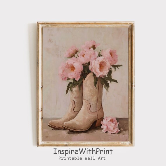 Large Pink Peony Bouquet In Cream Cowgirl Boots Western Wall Poster