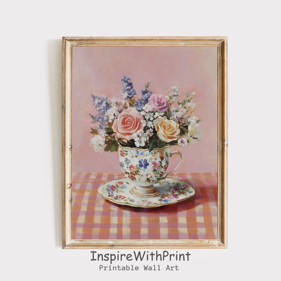 Pink Rose Bouquet In Floral Teacup On Gingham Tablecloth Poster
