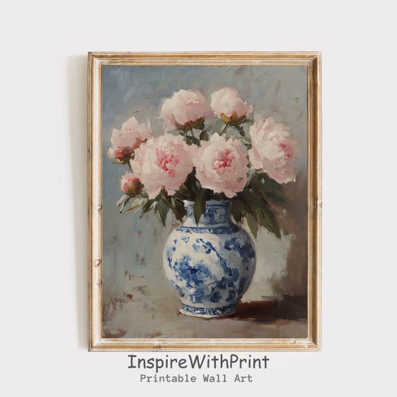 Peonies Flower Bouquet in Chinoiserie Vase, Vintage Art Print