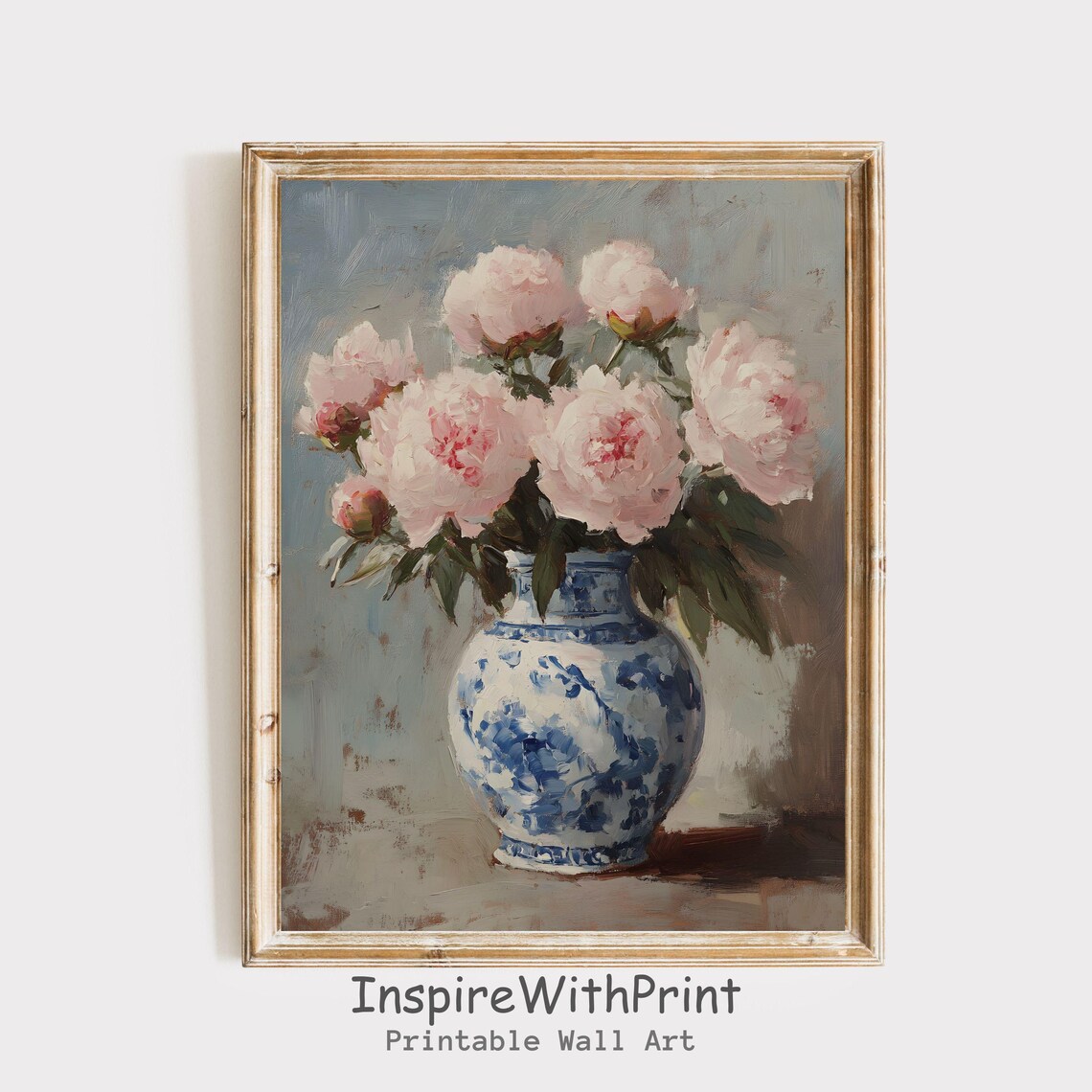 Peonies Flower Bouquet in Chinoiserie Vase, Vintage Art Print