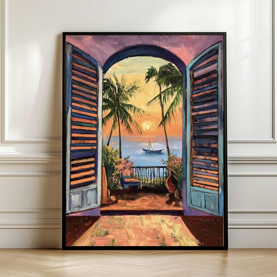 Open Shutters To Tropical Sunset Over Palms And Sea View Poster