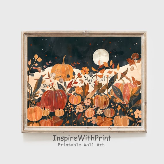 Fall Landscape Wall Art Pumpkin Field Painting Pumpkins Moody Autumn Print Cottage Decor