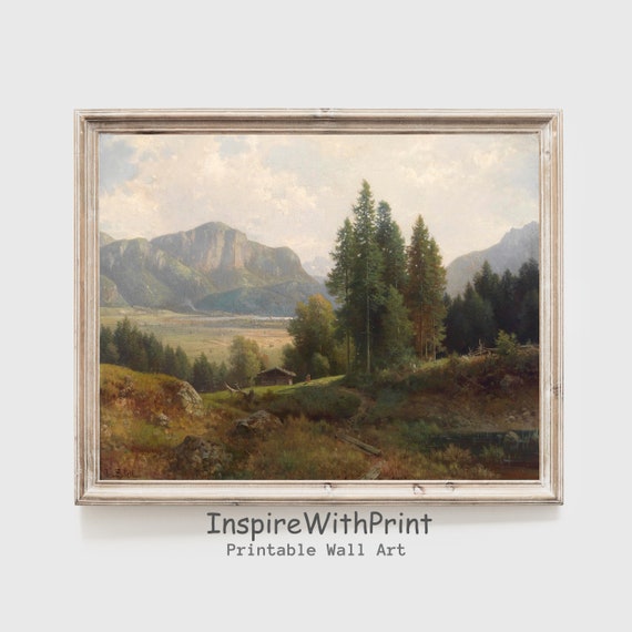 Timeless Mountain Landscape Print Antique Forest Painting Pine Tree Vintage Cabin Art Decor