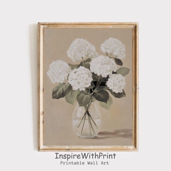 Vintage White Hydrangea Print Moody Flower Painting Cottage Core Farmhouse Art Neutral Wall Soft Beige