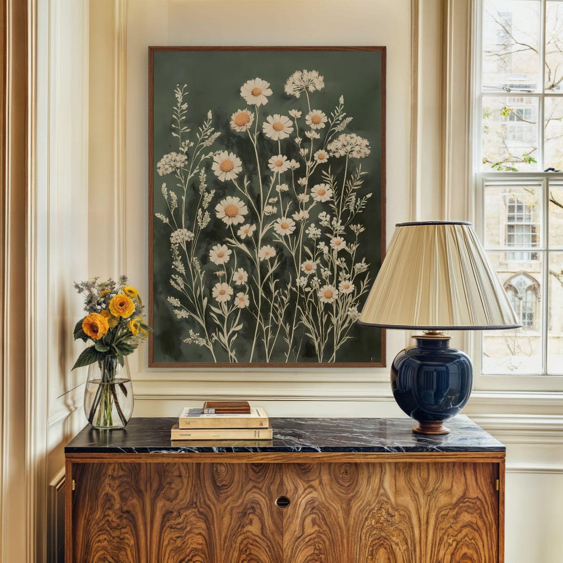 Boho Moody Emerald Green Wildflower Botanical Floral Wall Art