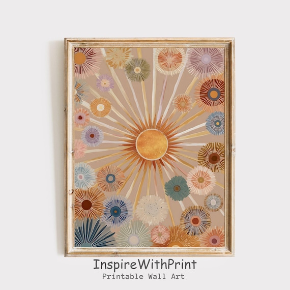 Boho Sun Print Earthtones Wall Art Abstract Sunrise Midcentury Modern Playroom Poster Nursery